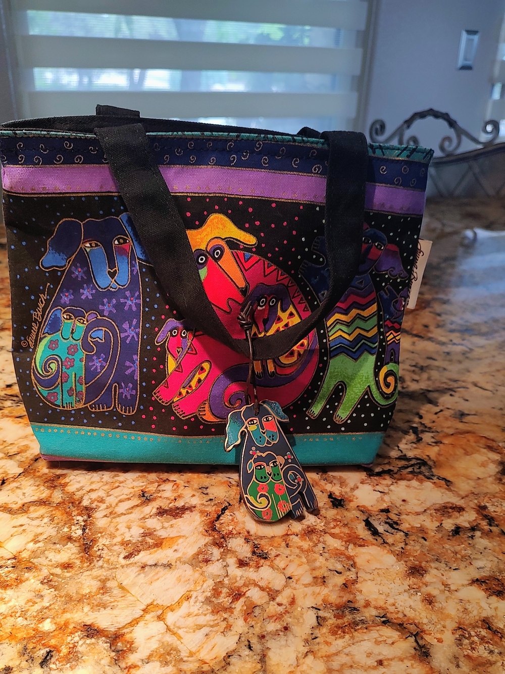 Laurel Burch Black Multicolor Playful Dog Tote with Teal Trim - Picture 9 of 11